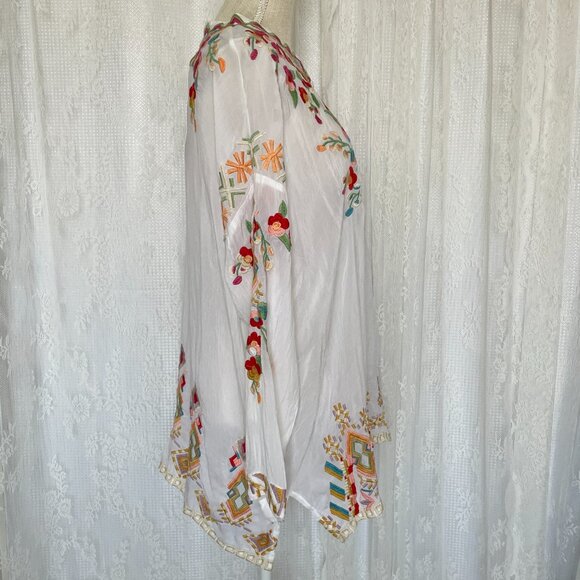 Johnny Was Women's Tunic Top Large Jessa White Sheer Embroidered Button Oversize - Picture 3 of 8